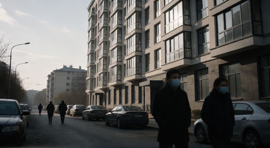 covid 19 zombie movie, Vista exterior de un edificio residencial con calles vacías y personas con mascarillas, atmósfera tensa y posapocalíptica.
