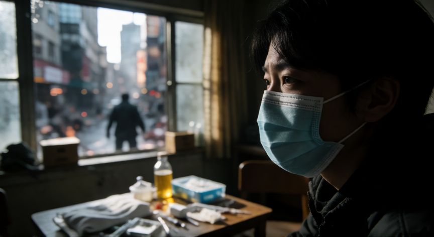 covid 19 zombie movie, Primer plano de una persona con mascarilla mirando por la ventana con miedo, entorno doméstico desordenado con suministros médicos.