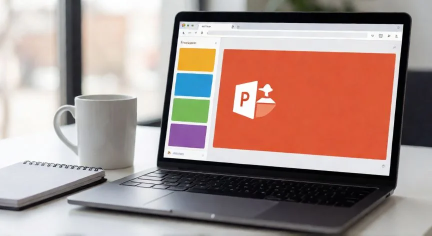 crear presentaciones en powerpoint online gratis, Pantalla de un portátil mostrando la interfaz de PowerPoint Online en el navegador con diapositivas de colores