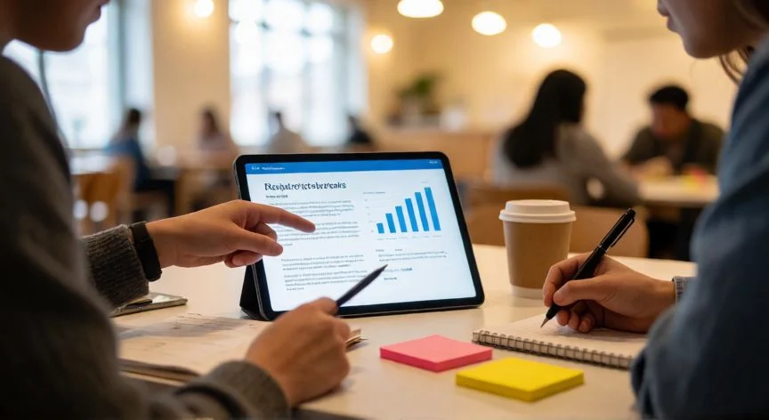 crear presentaciones en powerpoint online gratis, Dos personas colaborando en una presentación de PowerPoint en una tablet en un espacio de trabajo moderno