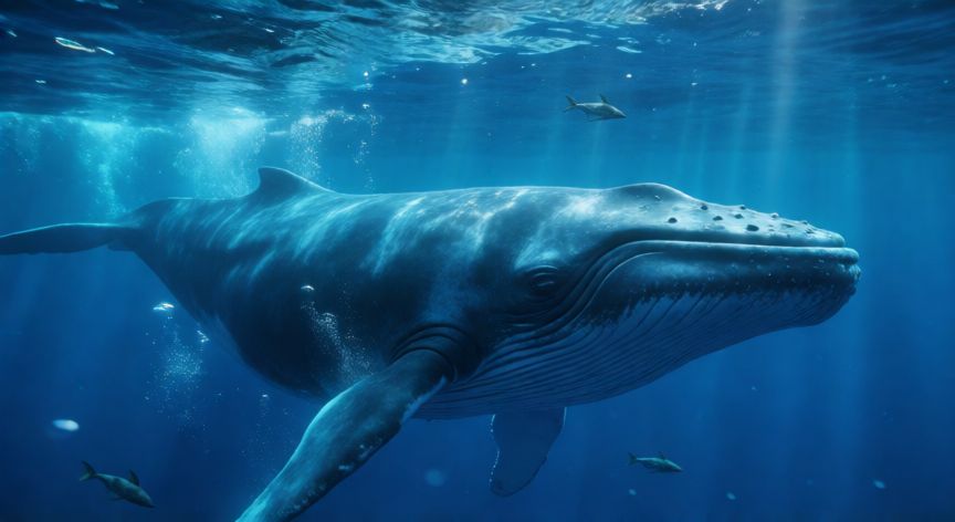 cuál animal, Ballena azul nadando en las profundidades del océano con rayos de luz solar