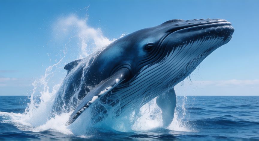cuál animal, Ballena azul saltando fuera del agua en un océano despejado