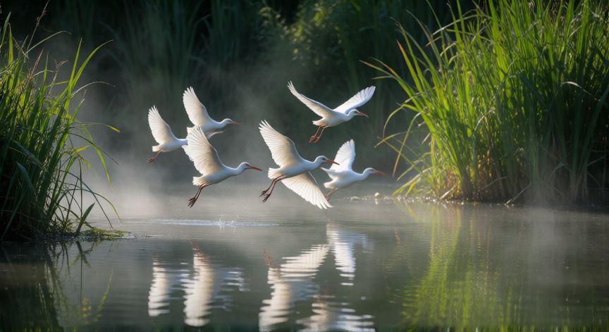 cuál animal está en peligro de extinción, Ibis eremítico sobrevolando un humedal restaurado en recuperación