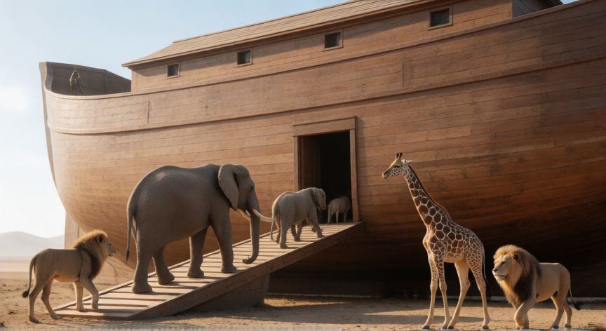 cual animal no entro al arca de noe, Representación del arca de Noé con animales terrestres entrando