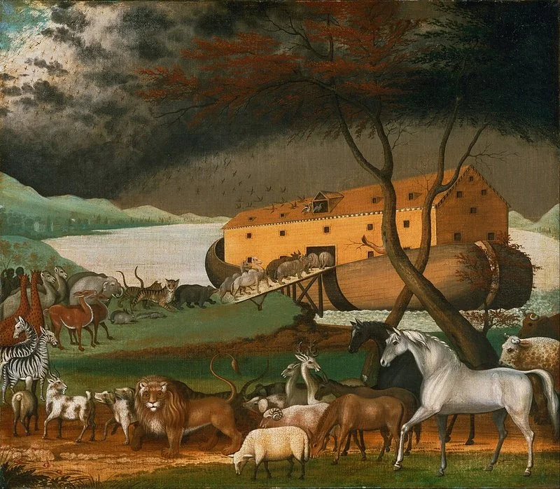 Cuadro de Edward Hicks con animales entrando en el arca de Noé bajo cielo de tormenta