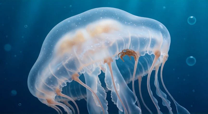 Medusa flotando en el océano sin lengua y con tentáculos