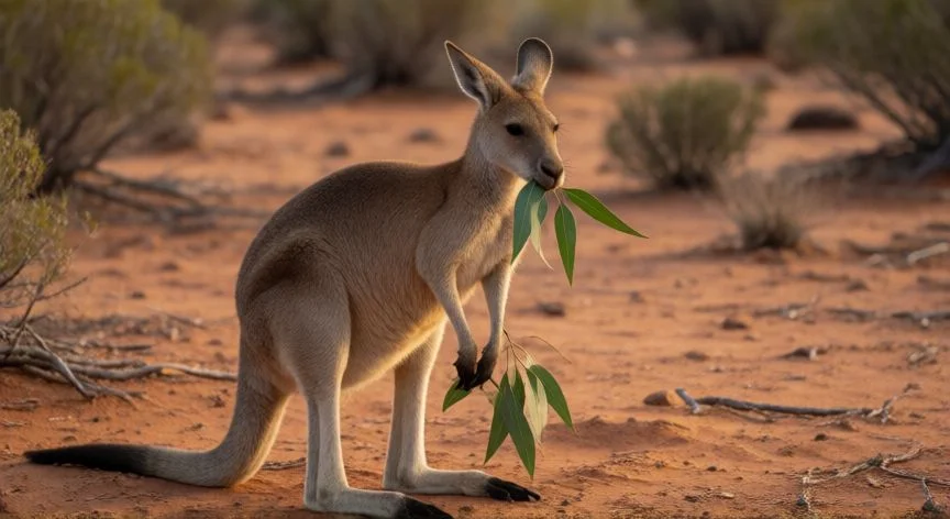 Canguro en el outback australiano comiendo hojas y obteniendo agua del alimento