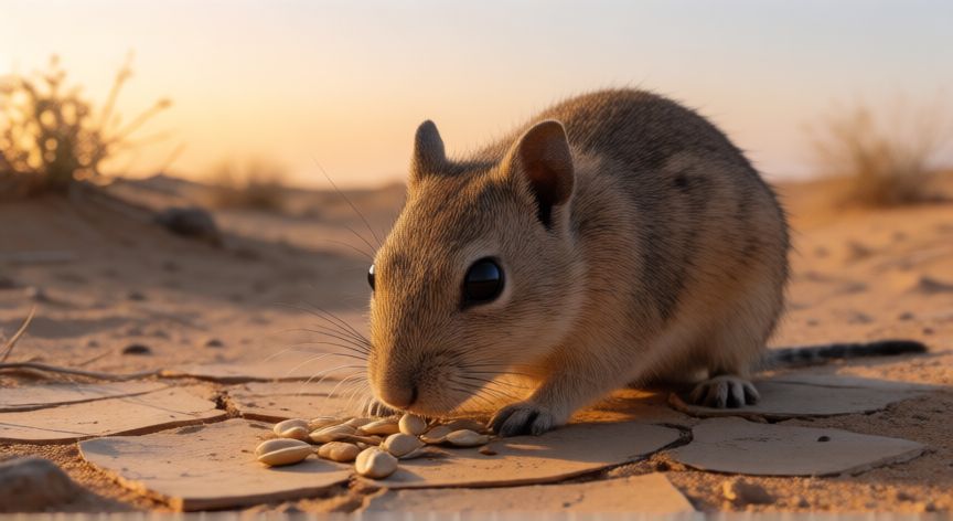 cuál animal no toma agua, Roedor del desierto alimentandose de semillas para obtener hidratacion indirecta