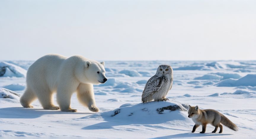 cual animal no vive en el artico, Paisaje ártico con oso polar, búho nivoso y zorro ártico en la nieve