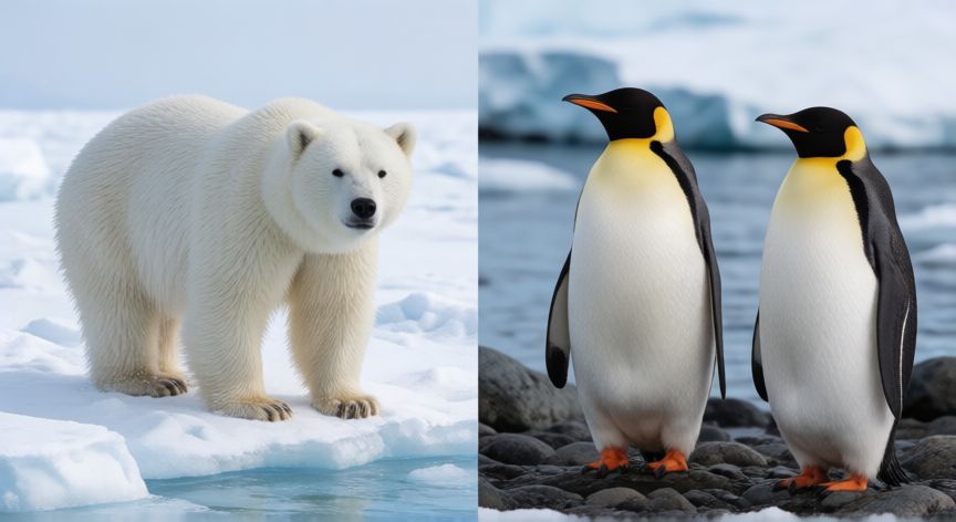 cual animal no vive en el artico, Comparación entre el Ártico con oso polar y la Antártida con pingüinos