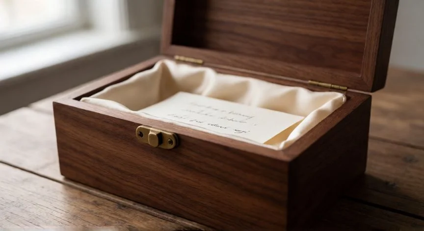 Cofre de madera elegante abierto con forro de seda y tarjeta manuscrita