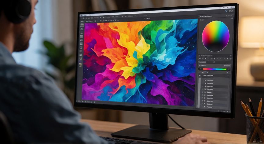Diseñador gráfico trabajando con un monitor IPS de alta calidad