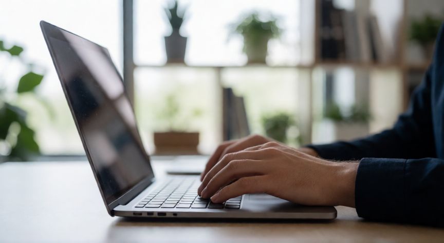 cual es el mejor ordenador que ofrece el kit digital, Persona trabajando en un portátil en una oficina moderna con luz natural