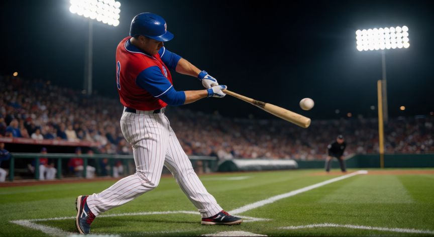 Jugador de béisbol profesional bateando en un estadio lleno durante la noche