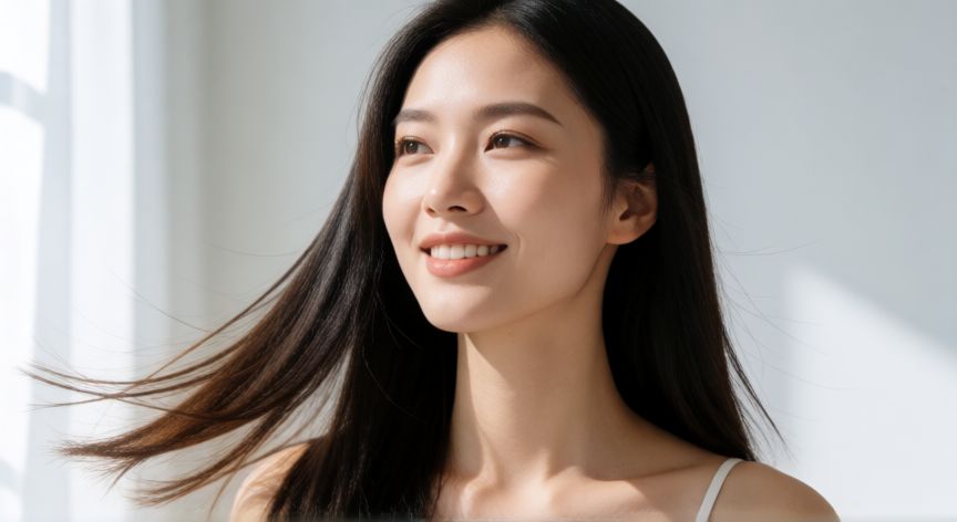 cual es el mejor producto para hacer keratina en el cabello, Mujer con cabello liso y saludable luciendo buen estado capilar