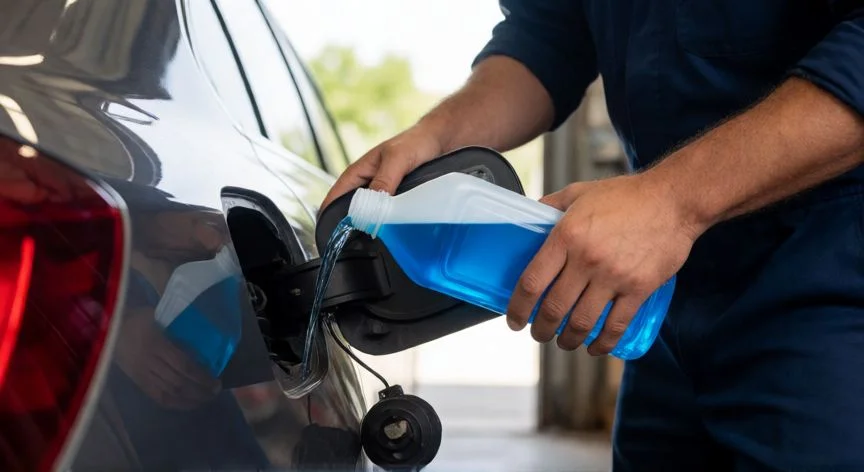 cuál es el mejor producto para limpiar un catalizador, Mecánico añadiendo aditivo limpiador de catalizador al depósito de combustible