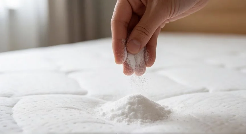 Aplicando bicarbonato de sodio sobre un colchón blanco para la limpieza