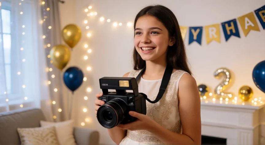 cual es el mejor regalo de 15 años, Quinceañera feliz sosteniendo una cámara instantánea en su fiesta
