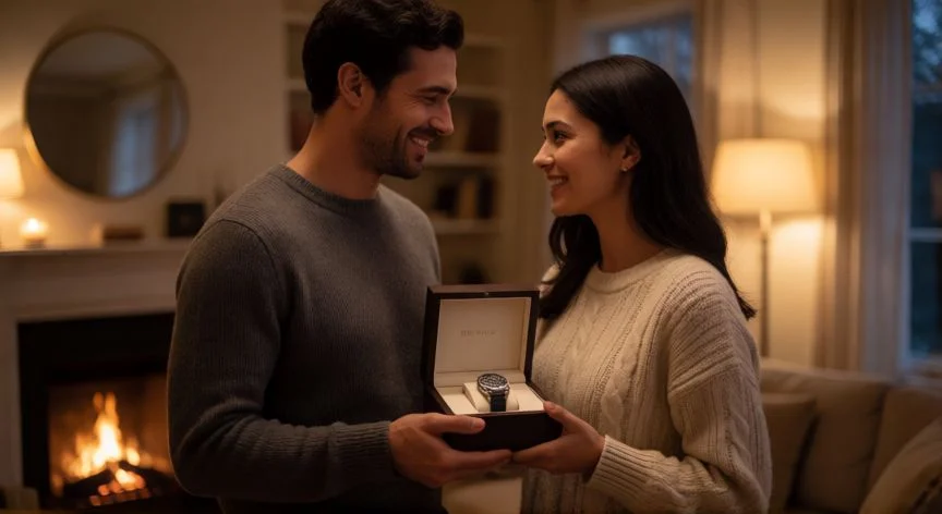 cual es el mejor regalo de aniversario para un hombre, Hombre recibiendo un reloj de pulsera de lujo en su aniversario