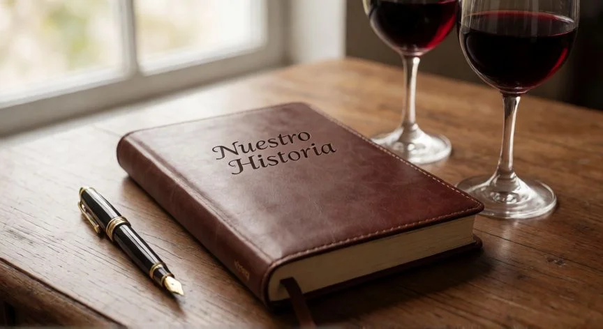 cual es el mejor regalo de aniversario para un hombre, Libro personalizado de aniversario con vino y pluma sobre una mesa