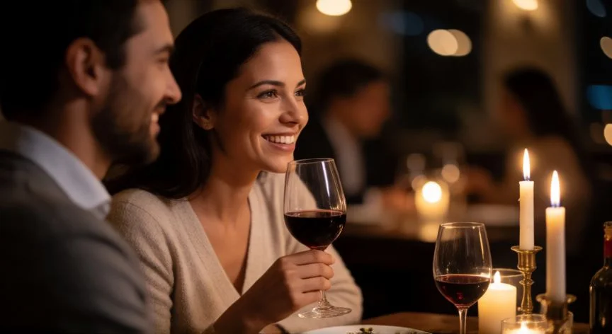 cual es el mejor regalo de aniversario para una mujer, Pareja disfrutando de una cena romántica en restaurante con velas