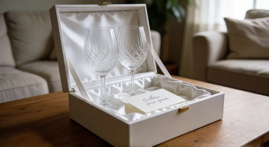 Caja de regalo elegante con copas de cristal y tarjeta para boda