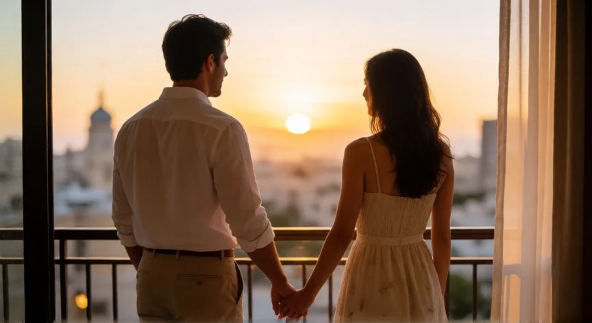 cual es el mejor regalo de bodas, Pareja disfrutando de una experiencia romántica en un hotel al atardecer