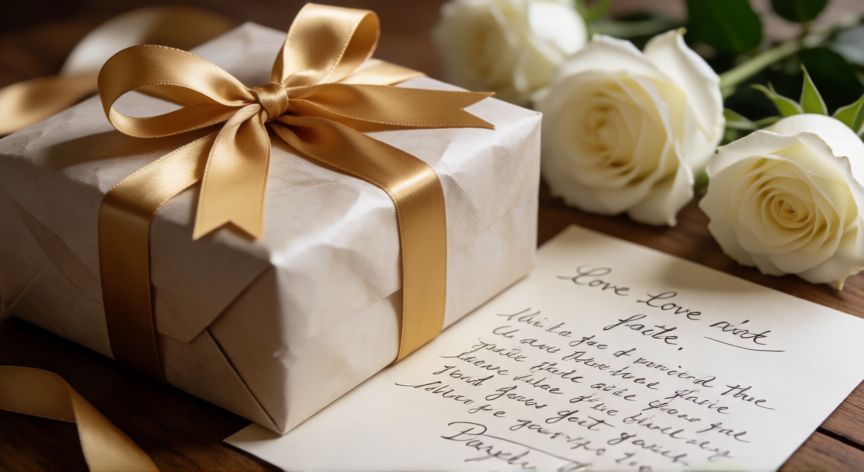 cual es el mejor regalo de cumpleaños para mi novia, Regalo de cumpleaños envuelto elegantemente con carta romántica y rosas