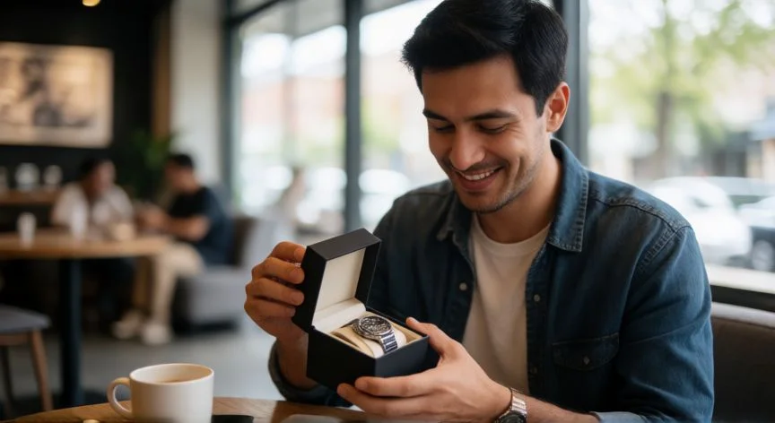 cual es el mejor regalo de cumpleaños para un hombre, Hombre abriendo un reloj de pulsera como regalo de cumpleaños