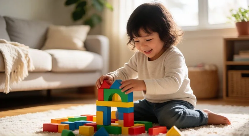 Niño pequeño jugando con bloques de madera educativos en casa
