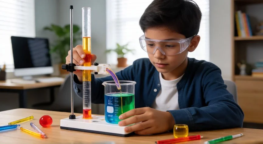 cual es el mejor regalo de cumpleaños para un niño, Niño realizando un experimento científico con kit educativo