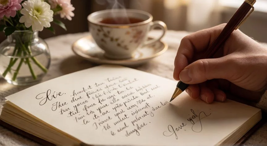 cual es el mejor regalo de cumpleaños para una madre, Manos escribiendo una carta emotiva junto a una taza de té y flores