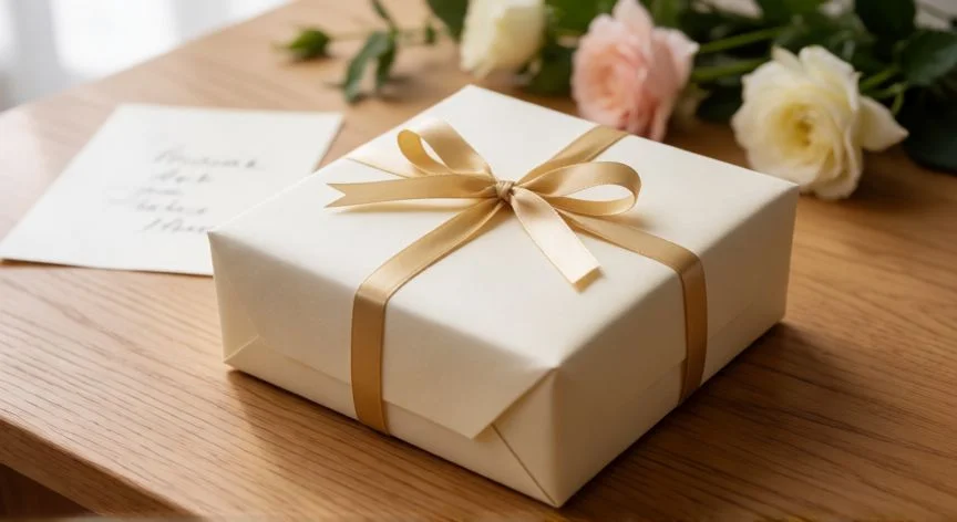 cual es el mejor regalo de cumpleaños para una mujer, Caja de regalo elegante envuelta con lazo dorado y tarjeta manuscrita sobre mesa de madera