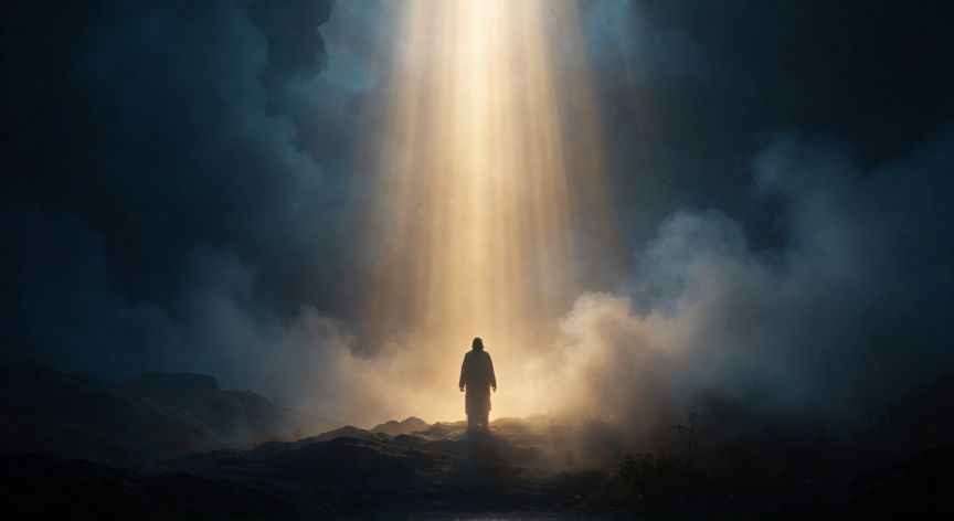Luz divina descendiendo sobre una figura en un paisaje espiritual