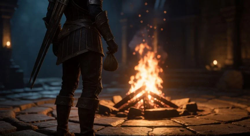 Personaje de Dark Souls 3 junto a una hoguera en una cripta