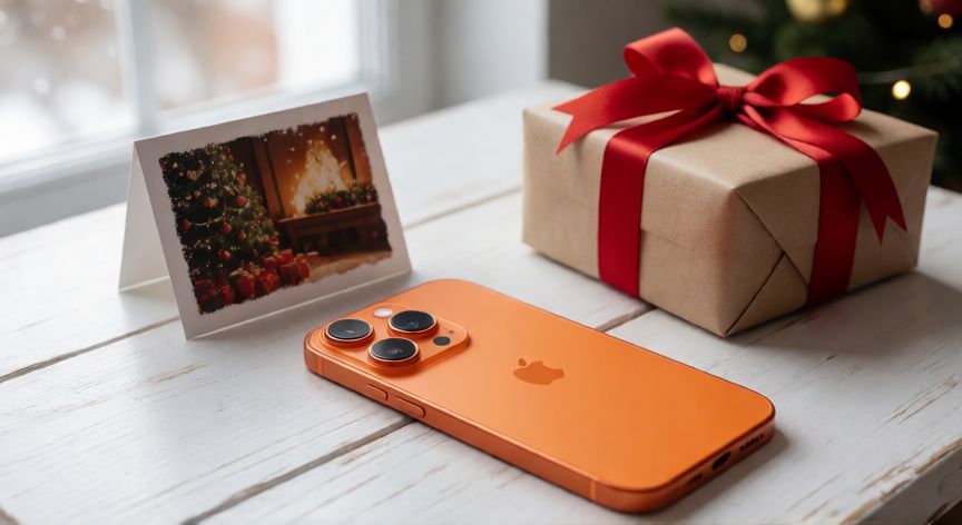 Smartphone naranja sobre una mesa con detalles navideños y regalo envuelto