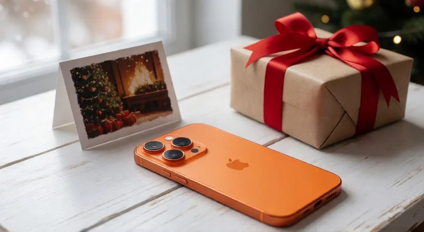 cual es el mejor regalo de esta navidad orange, Smartphone naranja sobre una mesa con detalles navideños y regalo envuelto