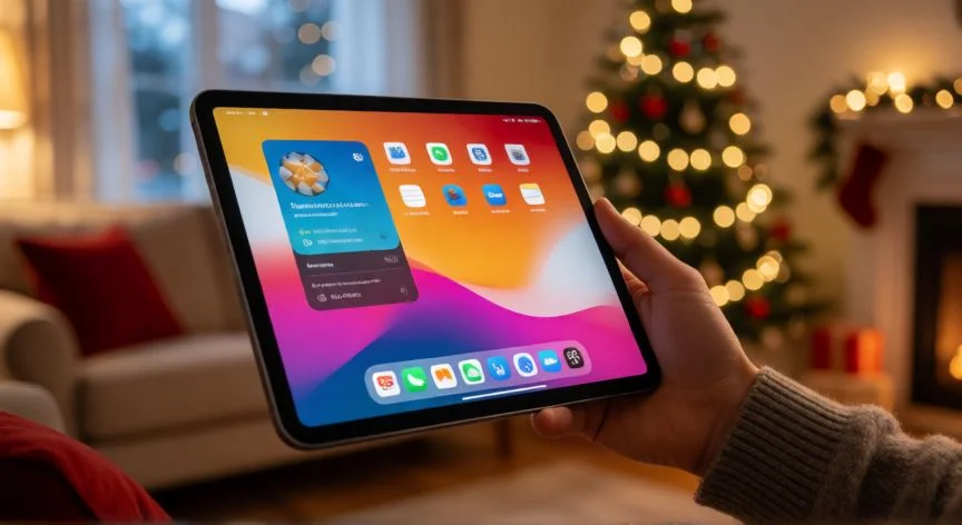 cual es el mejor regalo de esta navidad orange, Manos sosteniendo una tableta con fondo de salón navideño desenfocado