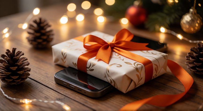 Smartphone Orange envuelto en papel de regalo con lazo naranja sobre mesa navideña