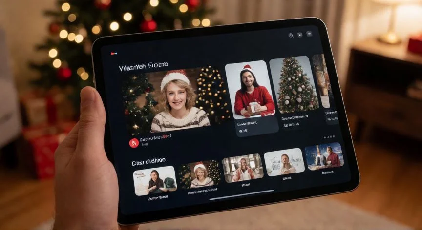 cual es el mejor regalo de estas navidades orange, Persona sosteniendo una tablet con interfaz de streaming en ambiente navideño