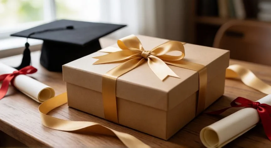 cual es el mejor regalo de graduación, Caja de regalo elegante con lazo dorado junto a un birrete de graduación sobre una mesa de madera