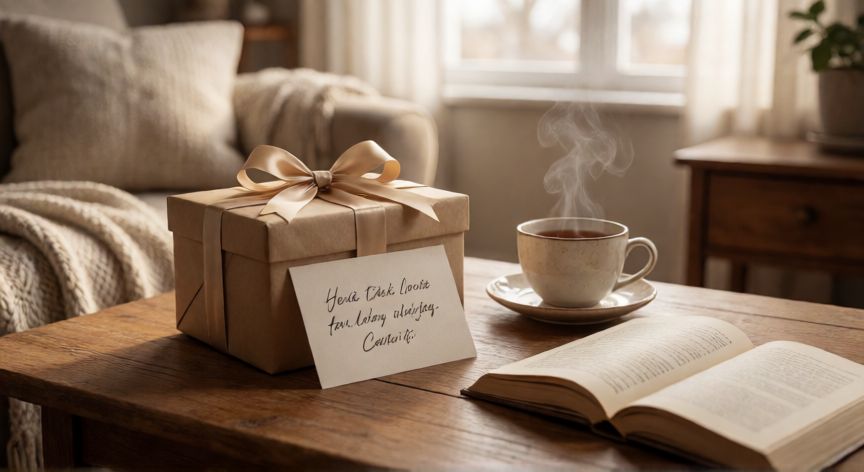 cuál es el mejor regalo de la madre, Caja de regalo personalizada con tarjeta manuscrita en un ambiente acogedor