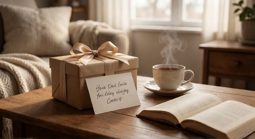 Caja de regalo personalizada con tarjeta manuscrita en un ambiente acogedor