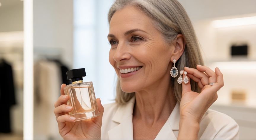cuál es el mejor regalo de la madre, Mujer feliz mostrando joyería y perfumería de alta gama en una tienda