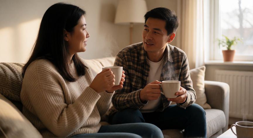 Amigos compartiendo una conversación profunda y tranquila en un salón acogedor