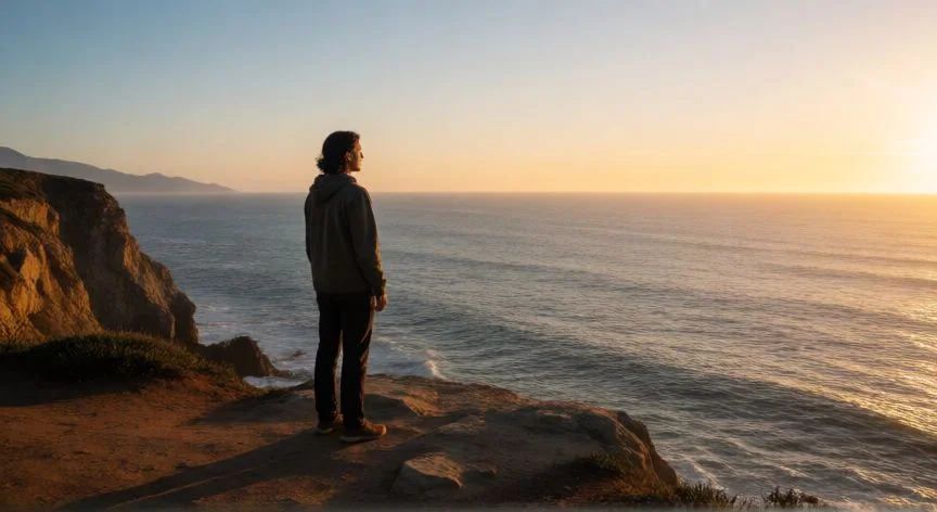 cual es el mejor regalo de la vida, Persona reflexionando frente al océano al amanecer buscando paz interior