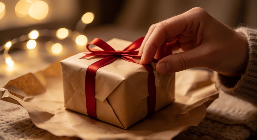 Manos abriendo un regalo de navidad envuelto con papel rústico y lazo rojo