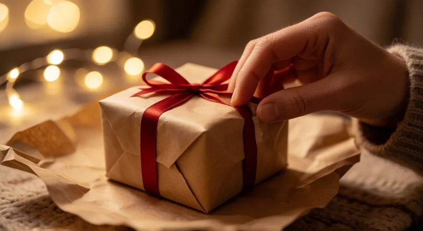 Manos abriendo un regalo de navidad envuelto con papel rústico y lazo rojo