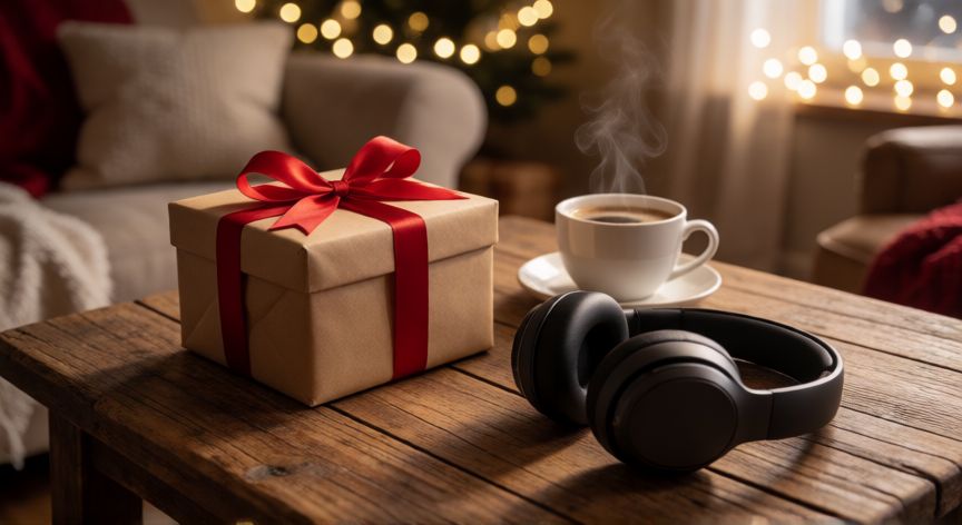Regalo de Navidad para hombre con auriculares y café en ambiente acogedor