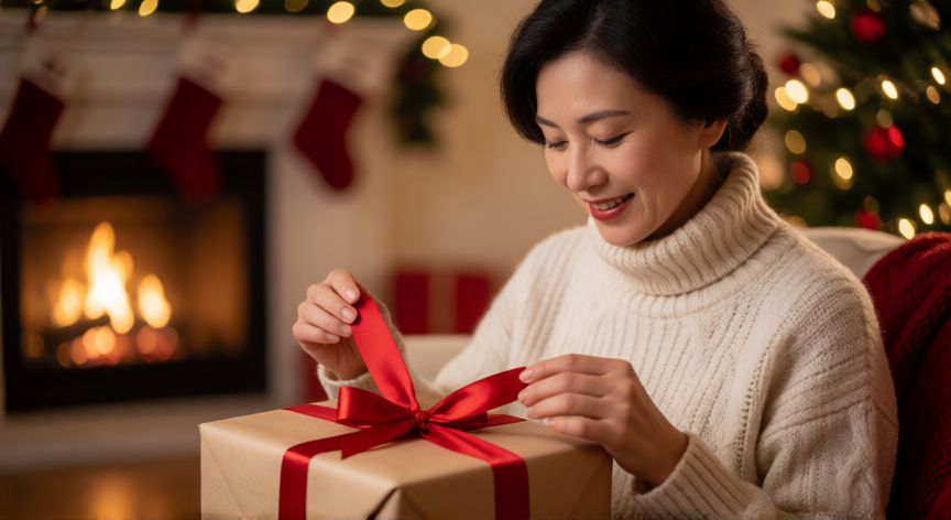 Mujer abriendo un regalo de Navidad envuelto con esmero en una atmósfera acogedora